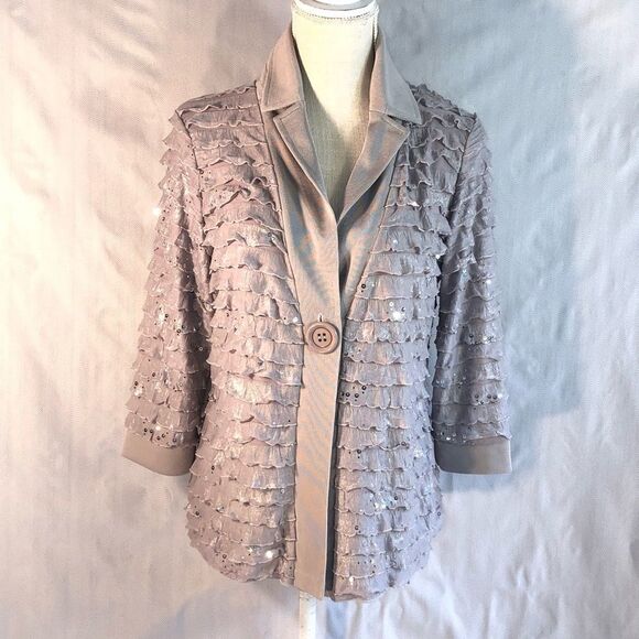 Slinky Brand Silver Tiered Ruffled Sequined One Button Jacket Formal Cardigan S - Picture 1 of 8